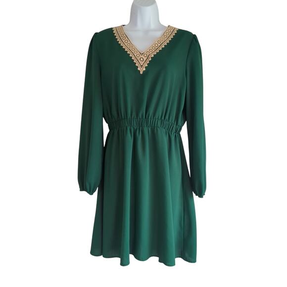 Lace Long Sleeve V Neck Short Dress Elastic Waist Swing A-Line Dress - Picture 2 of 9